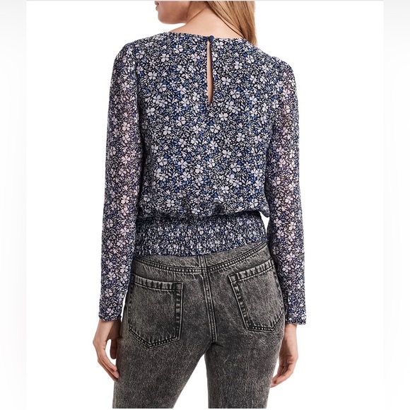 1.STATE Puff Sleeve Blue Floral Print Crew Neck Blouse Medium - Picture 2 of 6